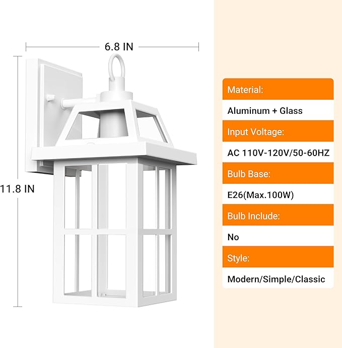 WIHTU Outdoor Light Fixture, White Porch Lights with Glass Shade, Waterproof Wall Sconce Light, Fixtures Exterior Wall Lighting, Aluminum Anti-Rust Front Door Lanterns-VerdiqueGarden