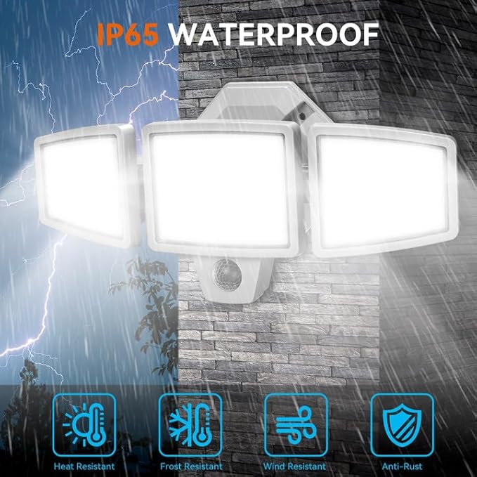 65W LED Flood Light Outdoor, 6500LM, Waterproof, 6500K Motion Sensor Flood Lights Outdoor with Adjustable 3 Head Detected Floodlight for Outside Entryway Garage, Yard, Porch, White-VerdiqueGarden