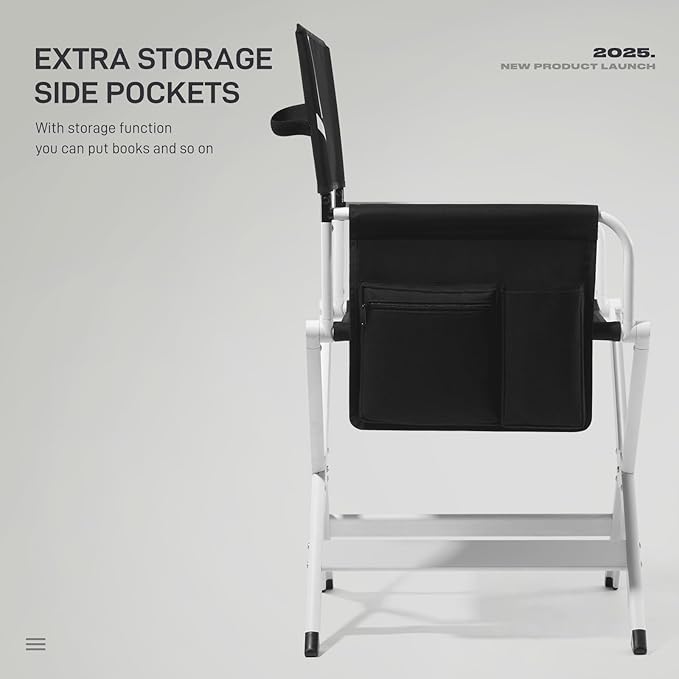 EVER ADVANCED Aluminum Directors Chair, Folding Studio Movie Chairs Camping Event Vendor Chair, 19" Seat Height Black Fabric/White Frame, Support 350lbs-VerdiqueGarden