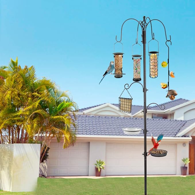 Bird Feeder Station with Suet Cage & Water Bowl Fruit Hook- Adjustable Pole, 6 Hanging Hooks for Wild Birds, Outdoor Garden Bird Feeding Kit-VerdiqueGarden