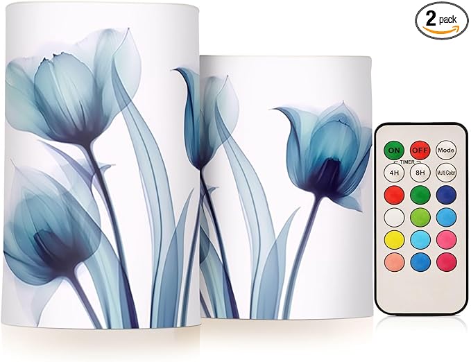 Flickering Flameless Candles, Blue Tulip Flower LED Candles with Remote Timer, Set of 2 Battery Operated Candle for Valentine Wedding Birthday-VerdiqueGarden