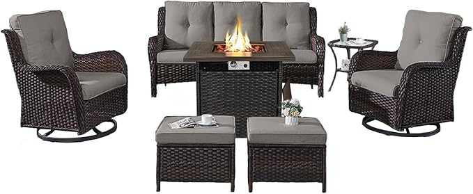 Outdoor Patio Furniture Set with Propane Fire Pit Table, 7 Pieces Wicker Patio Conversation Set with 2 Swivel Glider Rocker Chair Rattan Sofa Grey Cushion Perfect for Casual Gathering-VerdiqueGarden