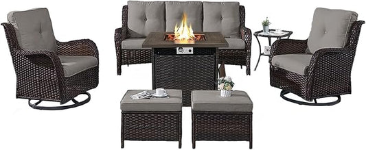 Outdoor Patio Furniture Set with Propane Fire Pit Table, 7 Pieces Wicker Patio Conversation Set with 2 Swivel Glider Rocker Chair Rattan Sofa Grey Cushion Perfect for Casual Gathering-VerdiqueGarden