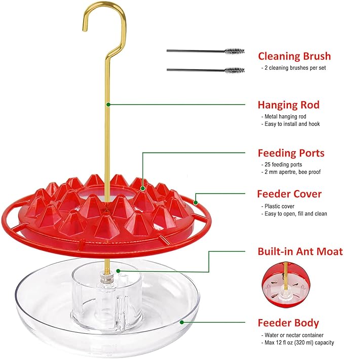 Hummingbird Feeders for Outdoors Hanging (2 Pack), 25 Feeding Ports 10 oz Plastic Hummingbird Feeder, Bee-Proof Leak-Proof No Drip, Easy to Clean with Cleaning Brushes-VerdiqueGarden