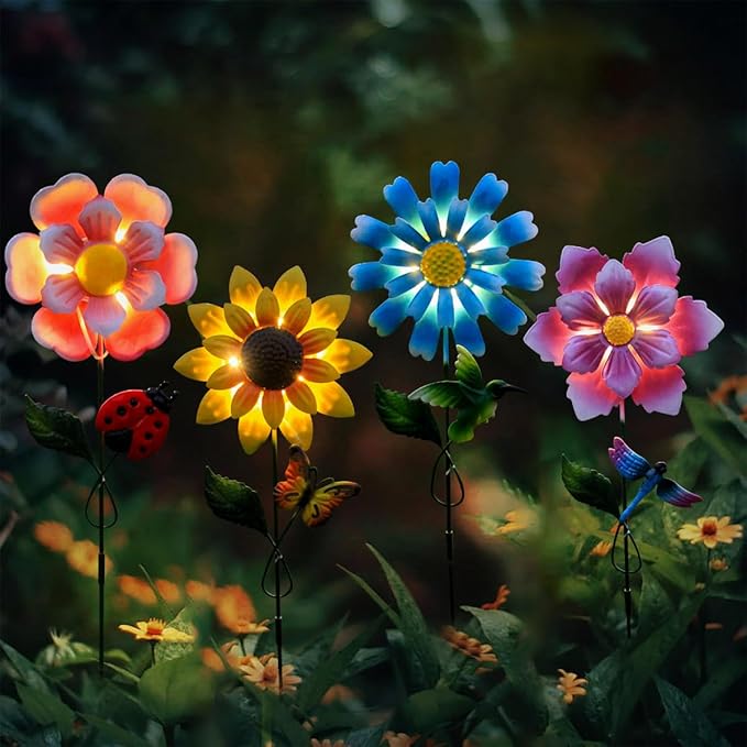 4 Pack Outdoor Solar Lights,Outdoor Waterproof Metal Art Stick Flowers,Garden Decor for Women Mom Grandma Halloween Hanging Metal Stakes Lights for Garden,Lawn,Patio-VerdiqueGarden