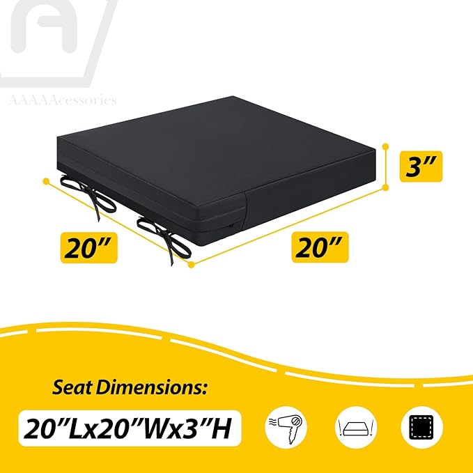 AAAAAcessories Outdoor Seat Cushions for Chairs, Waterproof, Fade-Resistant Patio Furniture Replacement Cushions, 20" x 20" x 3", Set of 2, Black-VerdiqueGarden