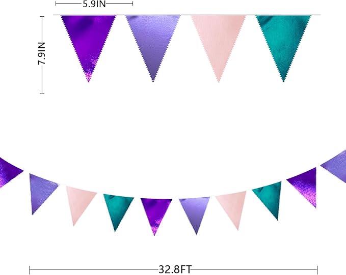 Mermaid Party Decorations Purple Pink and Teal Aqua Metallic Fabric Triangle Pennant Banner Flag Bunting Garland for Mermaid Under the Sea Birthday Wedding Baby Shower Engagement Party Supplies-VerdiqueGarden