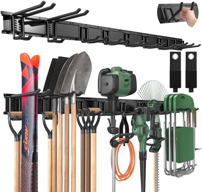 LBT 66" Garage Tool Organizer Wall Mount - 720lbs Garden Tool Organizer with Adjustable Hooks, Heavy Duty Metal Garage Storage Rack, Anti-Rust Shed Rack Holder Hanging Rake Broom Mower Snowboard-VerdiqueGarden