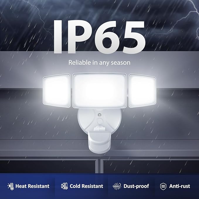 Onforu 65W LED Flood Light Motion Sensor Outdoor, 6500lm Security Light with Three Head, IP65 Waterproof Exterior Floodlight, 6500k Wall Light for Entryways Stairs Yard Garage-VerdiqueGarden