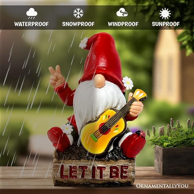 Hippy Gnome with Guitar Garden Statue, Unique Flowers and Peace Sign-VerdiqueGarden