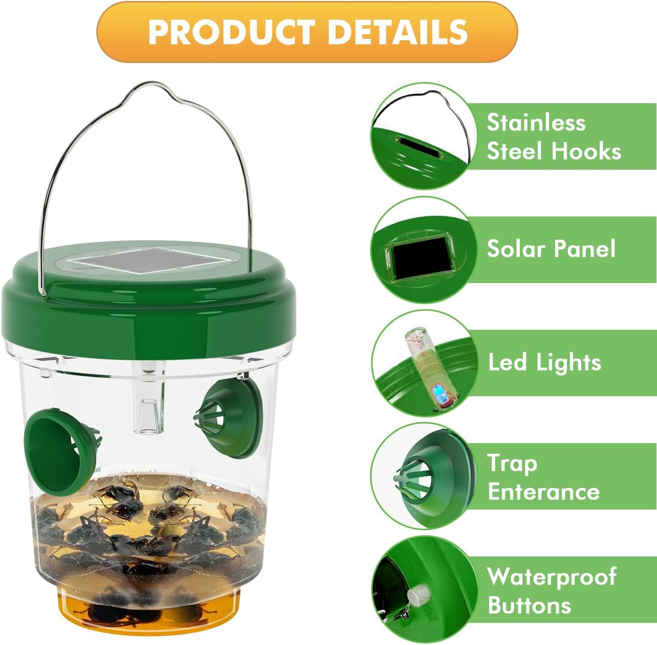 Wasp Traps for Hunting Wasps, Bees, Hornets, Insects, Yellow Jacket Traps, Wasp Trap Catcher, Reusable Solar Powered Hanging for Outdoor, 4 Packs-VerdiqueGarden