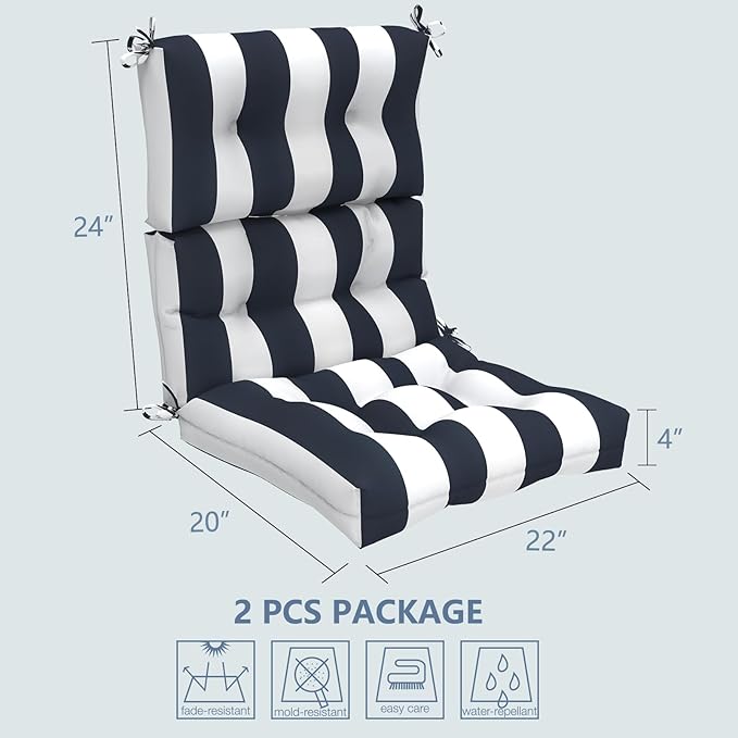 LVTXIII 2 Pack Outdoor High Back Cushions Patio Tufted Seat and Back Chair Cushions with Ties, Replacement Chair Pad for Outdoor Furniture Decoration (44” L x 22 W”, Set of 2, Cabana Navy)-VerdiqueGarden