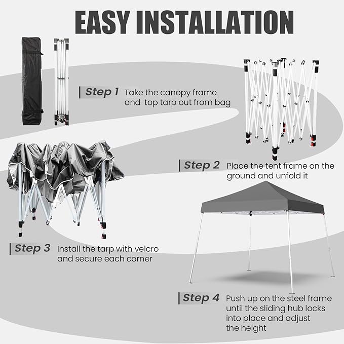 10x10 Pop Up Canopy, 300D Silver Coated Grey Fabric Outdoor Gazebo, Beach Tent Slant Legs with Storage Bag,Easy Up Sun Shade Shelter Tents with 8x8 Top Cover for Patio,Party-VerdiqueGarden