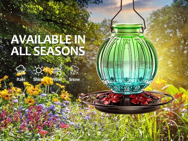 Glass Hummingbird Feeder for Outdoors Hanging, Bird Nectar Feeder with Perch & 5 Flower Feeding Ports, 26 Oz Leak Proof for Outside Garden Decor Backyard, Gifts for Women Mom, Green & Blue-VerdiqueGarden