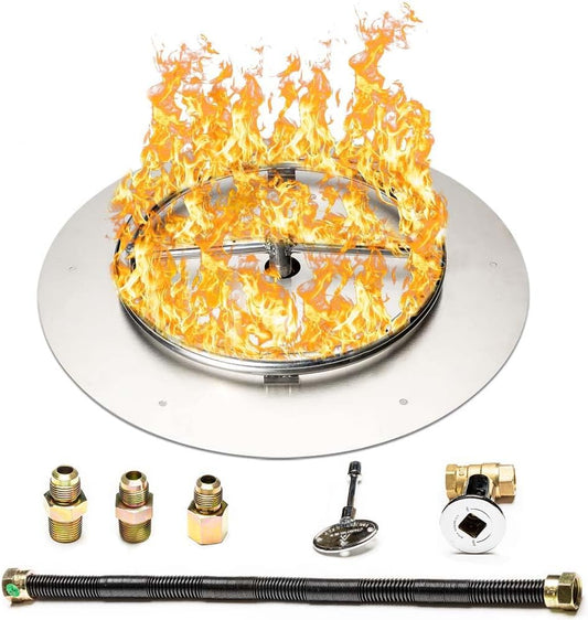 Fire Pit Burner Pan & Ring - Works with Natural Gas - Stainless Steel Fire Pit Burner Kit 18-Inch Pan, 12-Inch Ring - 90,000 BTU Max-VerdiqueGarden