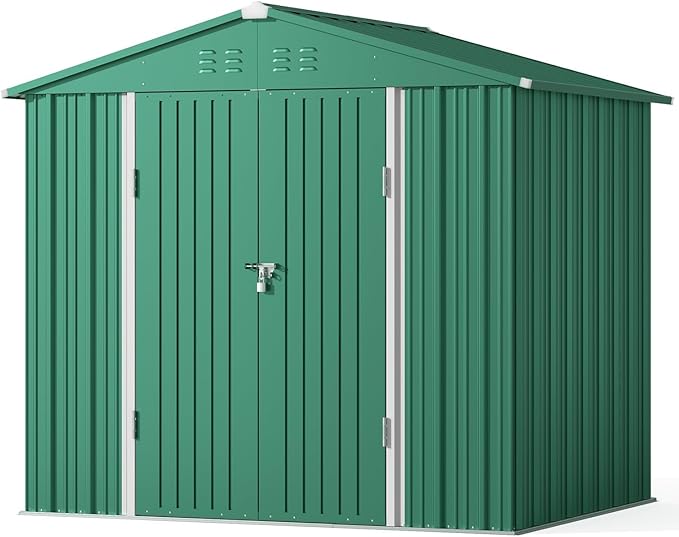 Gizoon Outdoor Storage Shed 8 x 6 FT, Galvanized Metal Garden Shed with Double Lockable Doors, Outdoor Storage Clearance for Backyard Patio Lawn-Green-VerdiqueGarden