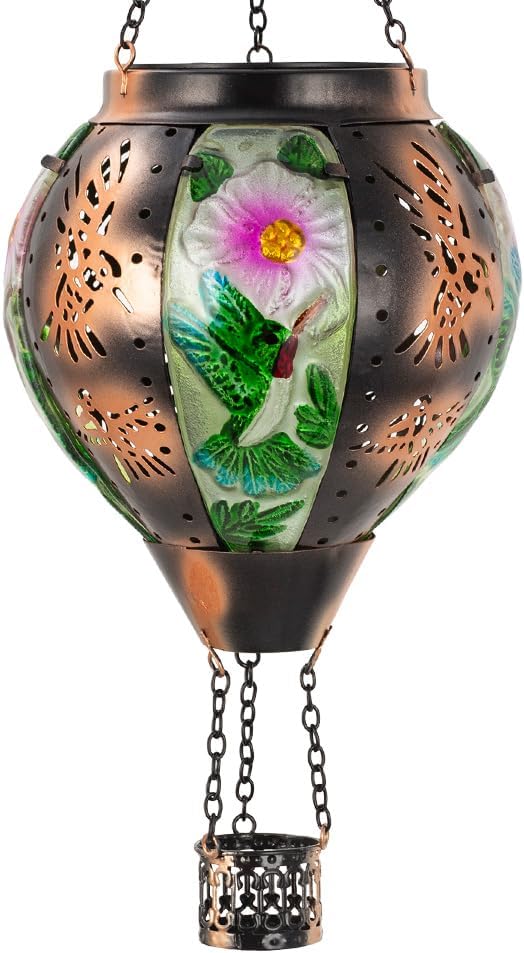 Starsoul Hummingbird Hot Air Balloon Solar Lantern Metal & Glass Solar Hot Air Balloon Hanging Garden Light Waterproof Outdoor Lantern for Patio Yard Party Decorations-VerdiqueGarden