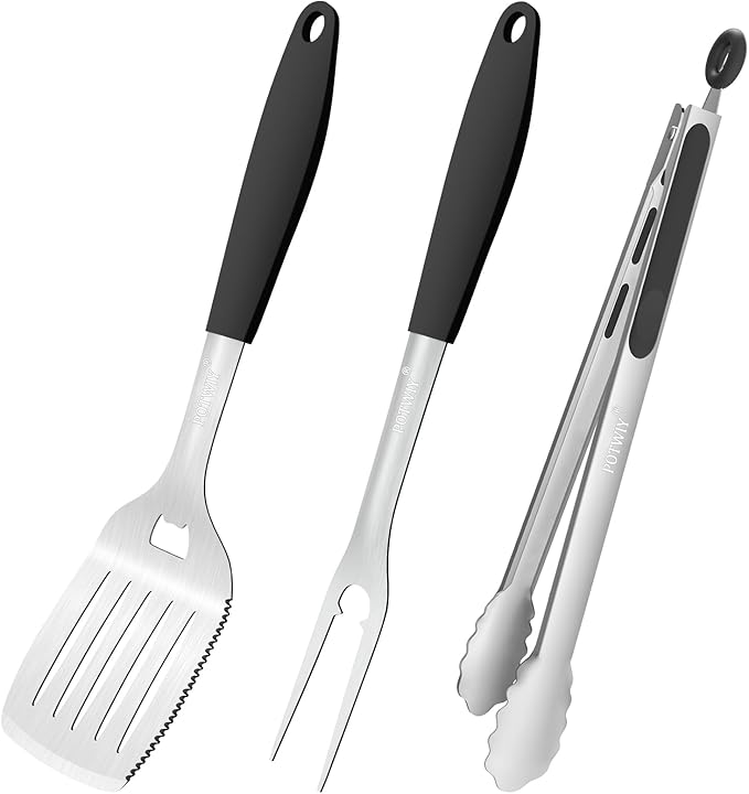 BBQ Grilling Accessories, 3Pcs Stainless Steel Grill Tools Accessories Set with Spatula, Fork and Tongs, Barbecue Utensils Grilling Tools for Outdoor Camping, Heat-Resistant Silicone Handle-VerdiqueGarden
