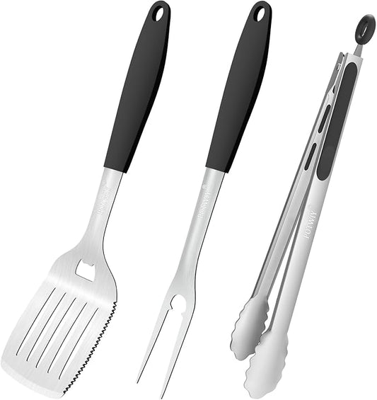 BBQ Grilling Accessories, 3Pcs Stainless Steel Grill Tools Accessories Set with Spatula, Fork and Tongs, Barbecue Utensils Grilling Tools for Outdoor Camping, Heat-Resistant Silicone Handle-VerdiqueGarden