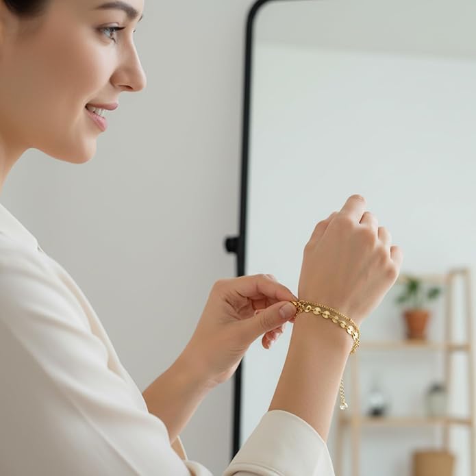 Solza 2 Layer Gold Plated Bracelet – Stainless Steel Adjustable Layered Chain with 3mm Beads, 18K Gold Plated Non Tarnish Jewelry for Women, Elegant Beaded Bracelet Stack for Everyday Wear