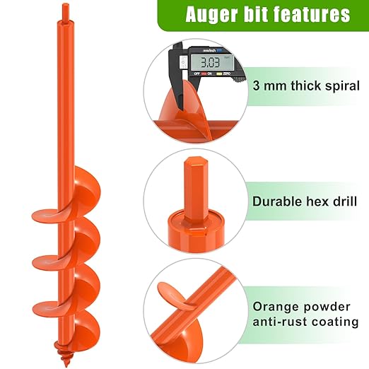 Auger Drill Bit for Planting 4 x 24'', Threaded Garden Auger Post Hole Digger, Spiral Drill Earth Dirt Soil Augers for Bulb, Tulip, Tree, Fence Post and Umbrella Holes, Fits in 3/8” Drill Chuck-VerdiqueGarden