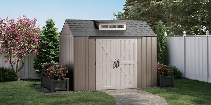 Rubbermaid Extra Large Resin Outdoor Storage Shed With Floor (7 x 10.5 Ft.) Weather Resistant Brown Organization for Home/Lawn Mower/Backyard Equipment/Bike Storage/Pool Supplies-VerdiqueGarden