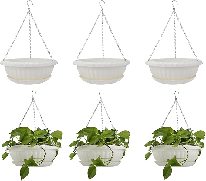 10.63in Hanging Planter Pots for Outdoor and Indoor Plants Flowers with Drainage Hole Tray Hooks Plastic Plant Baskets for Garden Home Porch (White, Pack of 6)-VerdiqueGarden