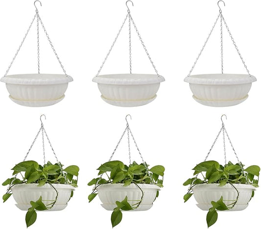 10.63in Hanging Planter Pots for Outdoor and Indoor Plants Flowers with Drainage Hole Tray Hooks Plastic Plant Baskets for Garden Home Porch (White, Pack of 6)-VerdiqueGarden