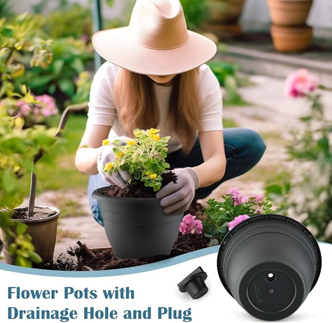 11 Inch Plant Pots, 3 Pack Planters for Indoor Ourdoor Plants, Round Plastic Flower Pots, Large Planters with Drainage Hole and Plug, Gray-VerdiqueGarden