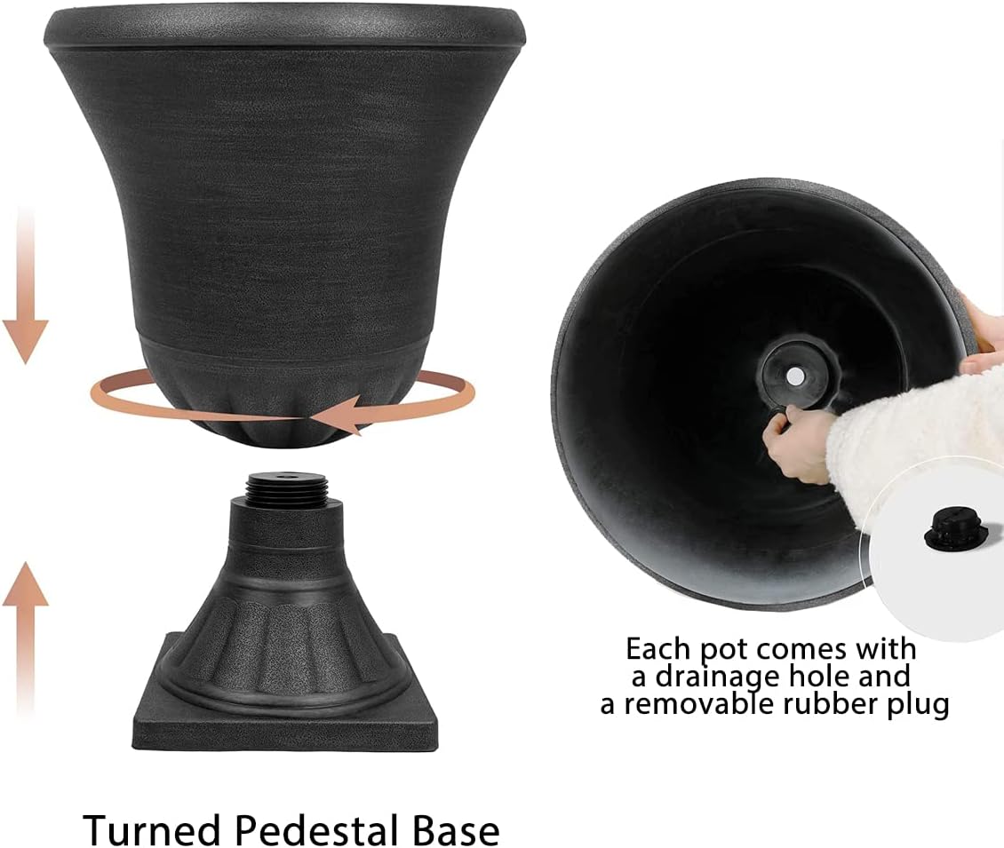 Worth Garden 2-Pack Plastic Urn Planters for Outdoor Plants, 22'' Black Tall Round Classic Resin Traditional Flower Pots - 15 in. Dia. Large Imitation Stone Decorative Pot Patio Deck Front Porch-VerdiqueGarden