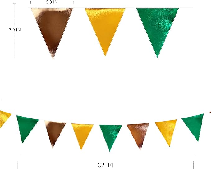 Green Gold Brown Metallic Fabric Triangle Pennant Banner Flag Bunting Garland for Football Jungle Safari Wild Woodland Birthday Baby Shower Wedding Bachelorette Graduations Party Decorations Supplies-VerdiqueGarden