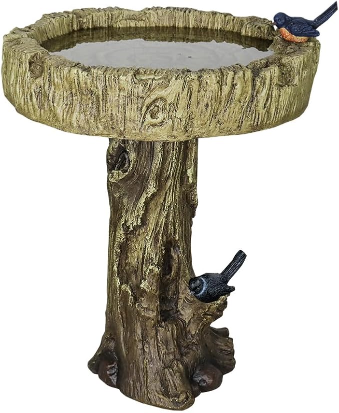 SunJet 24.4 Inch Heigh Wood-Look Concrete Bird Bath with Decorative Faux Bird – birdbath Rustic & Long-Lasting Design, Enhances Garden, Patio, Yard, Lawn Décor-VerdiqueGarden