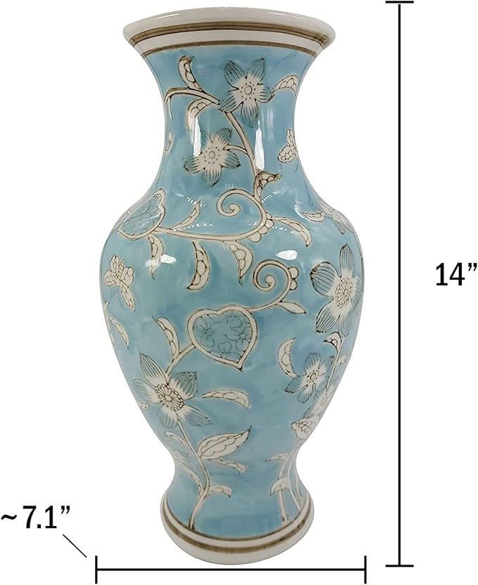 Galt International Light Blue and White Flower & Heart Chinoiserie Ceramic Vase 14"- Hand Painted Antique Style Porcelain Flower Bottle Fishtail Porcelain Chinese Vase for Home Decor Centerpiece-VerdiqueGarden