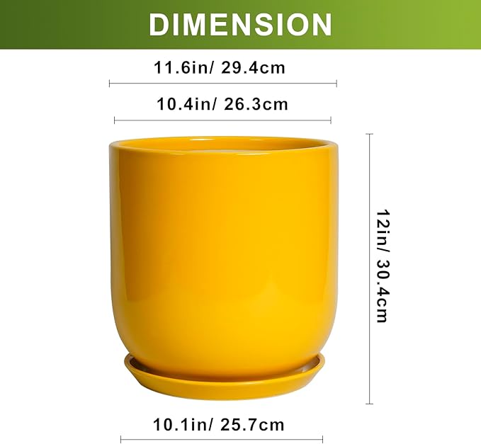 12 Inch Pots for Plants - Ceramic Planter for Outdoor Plants Large Plant Pot Indoor with Drainage Hole Modern Flower Pot for Home Patio Office Decor Yellow-VerdiqueGarden