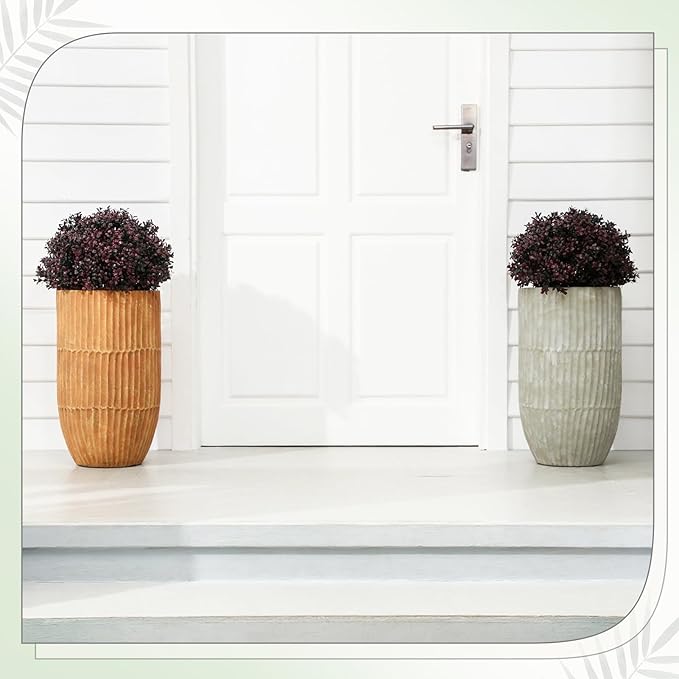 Yunlly 4 Pack 18" Artificial Boxwood Ball Bush Topiary Trees Fake Outdoor Plants, Realistic UV Resistance Faux Shrubs with Spike Greenery Topiary for Front Porch Garden Yard Patio Indoor (Dark Purple)-VerdiqueGarden