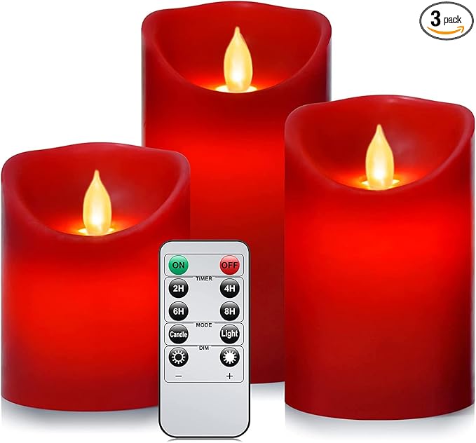 Flameless Battery Operated Flickering Candles:3PACK Red Real Wax Pillar Candle,Electric LED Candle with 10-Key Remote Control and 24 Hours Timer for Home Decoration Holiday Party-VerdiqueGarden