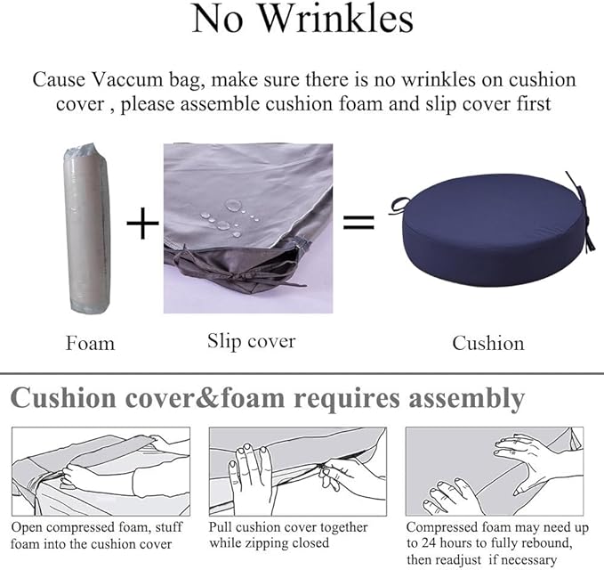 15 x 15 Inch Round Cushions for Outdoor Furniture Non-Slip Waterproof Patio Bistro Chair Cushion with Ties Bar Stool Seat Cushion for Kitchen Chairs Set of 2, Navy Blue-VerdiqueGarden