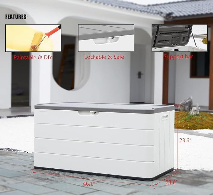 Heavy-Duty 100 Gallon Outdoor Storage Box - Waterproof Deck Box & Large Storage Bin for Patio/Pool, All-Weather Resin Chest with Lock, UV-Resistant, Alpine White-VerdiqueGarden