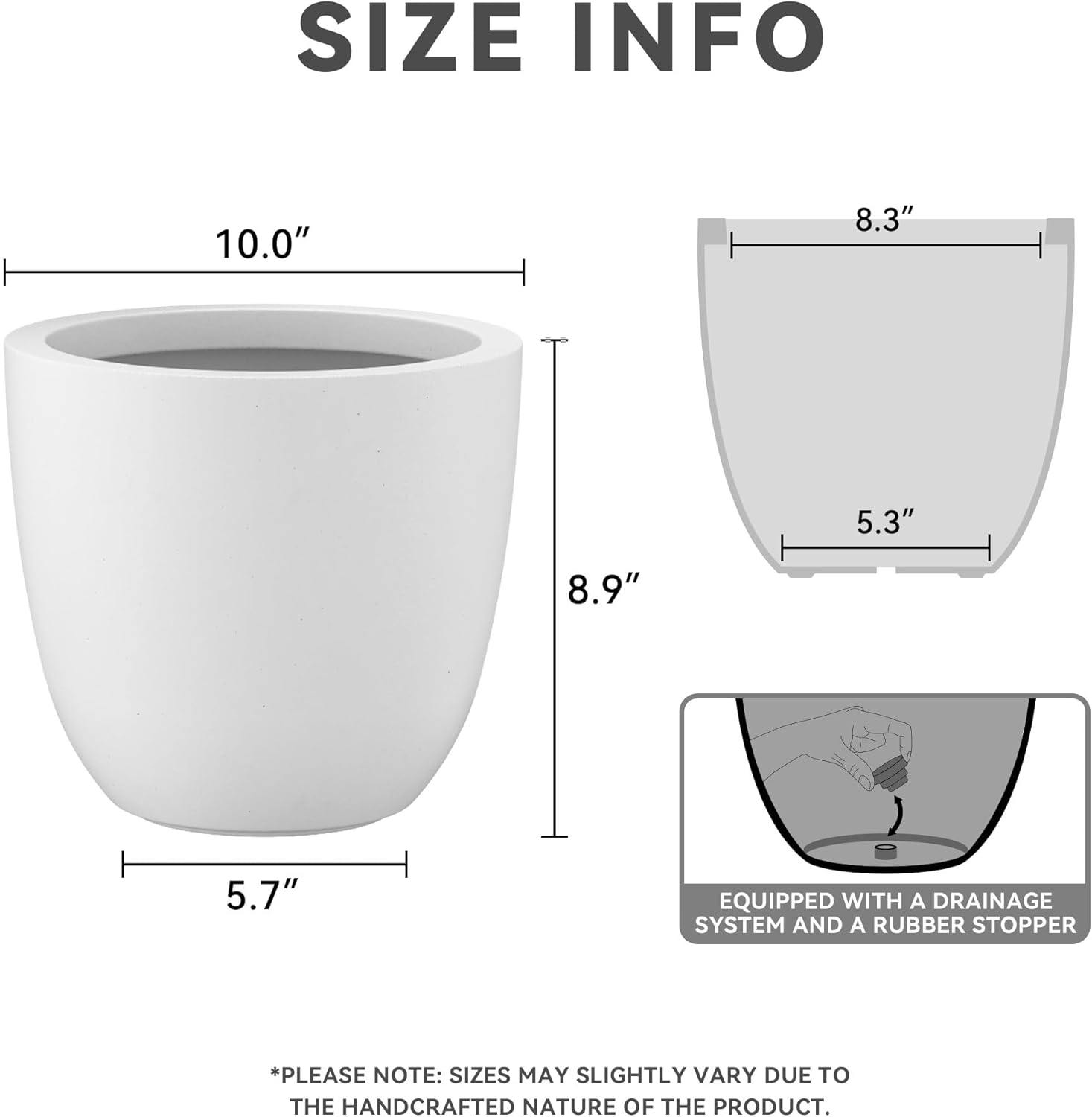 Kante 10 Inch Dia Round Concrete Planter, Indoor Outdoor Large Plant Pot with Drainage Hole and Rubber Plug for Home Patio Garden, Pure White-VerdiqueGarden