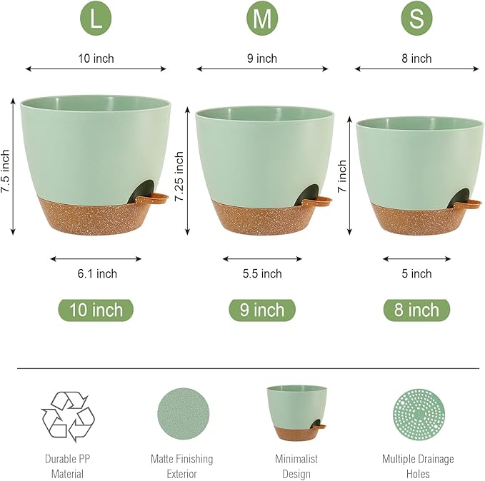 10/9/8 inch Self Watering Pots, Set of 3 Plastic Planters with Mesh Drainage Holes and Deep Reservoir for Indoor Outdoor Garden Plants and Flowers, Green with Brown-VerdiqueGarden