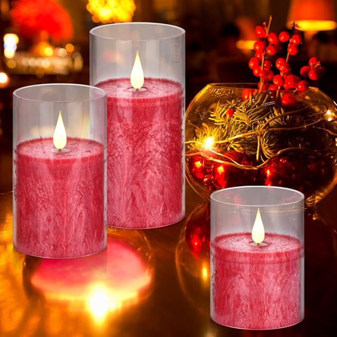 Flameless Flickering Remote Control Candle, Glass Pillar Candle,3 Pack (D:3"×H:4" 5" 6") LED 3D Flame Romantic Candle,Battery Operated Real Wax, Ideal for Wedding, Home Decor Holiday (Red)-VerdiqueGarden