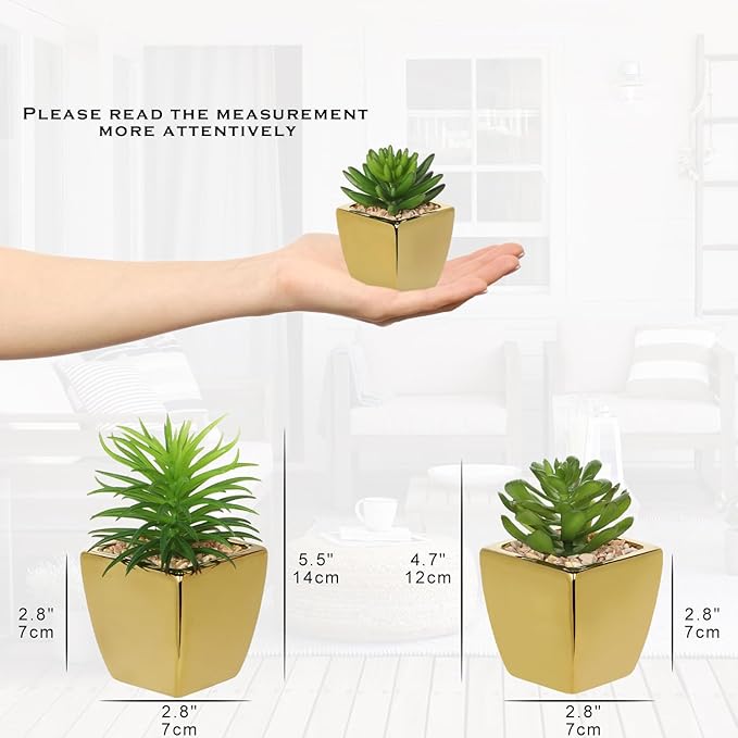 Hollyone Small Succulents Artificial 3 Pcs Faux Succulents with Gold Pots Mini Fake Succulent Plants Indoor Plant Ceramic Pots for Modern Office Desk Bathroom Shelf Living Room Home Decor-VerdiqueGarden