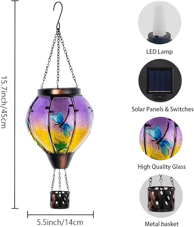 Starsoul Dragonfly Hot Air Balloon Solar Lantern Outdoor Glass Hanging Hot Air Balloon Lantern with Flame Light Waterproof for Patio Pathway Yard Porch Backyard Decor-VerdiqueGarden