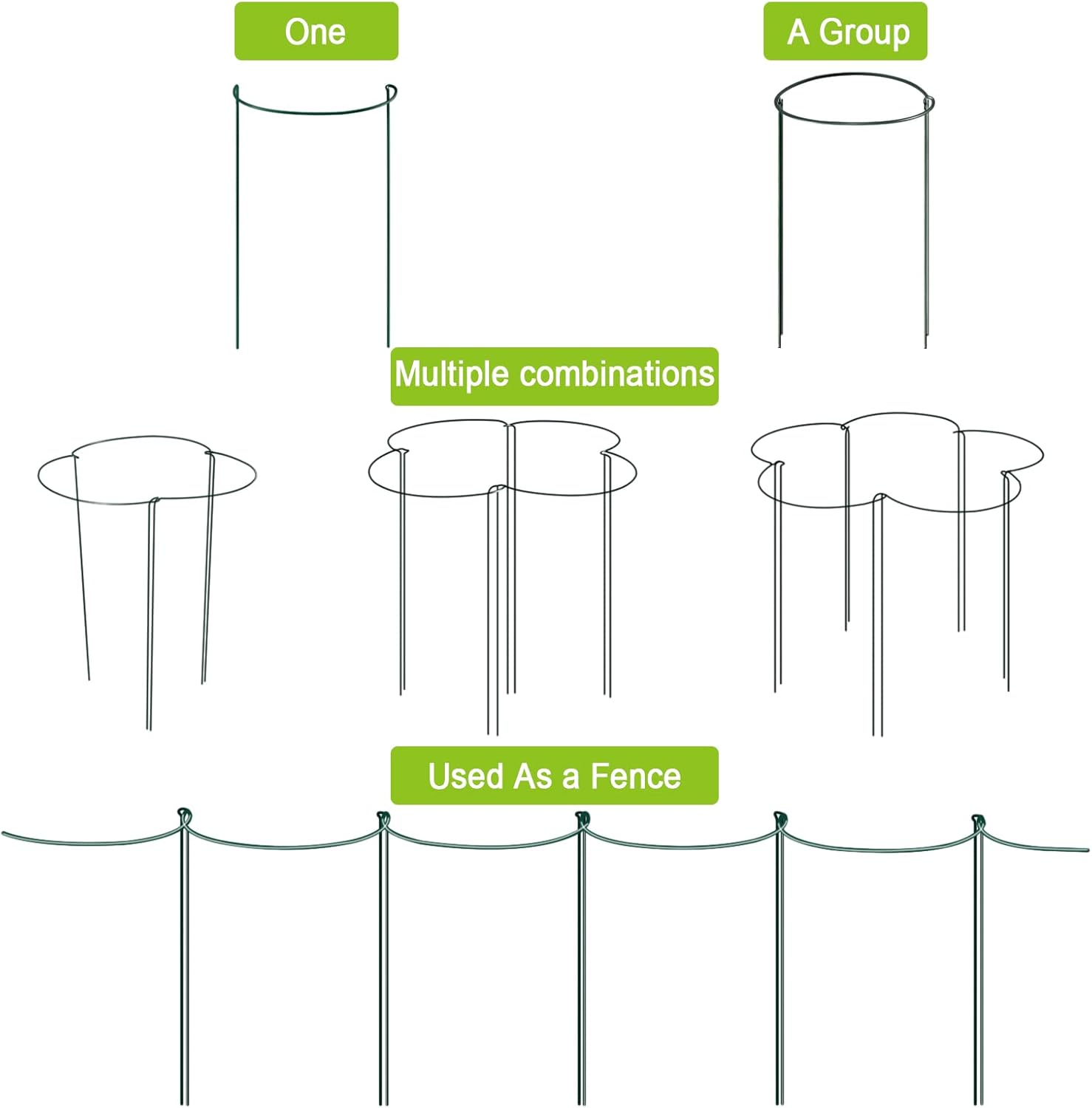 HiGift 6 Pack 24 Inch Plant Stakes, 10" Wide x 24" High Half Round Metal Peony Cages and Support, Green Garden Plant Stake Plant Support Ring Border for Peony Tomato,Hydrangea,Flower Indoor Outdoor-VerdiqueGarden