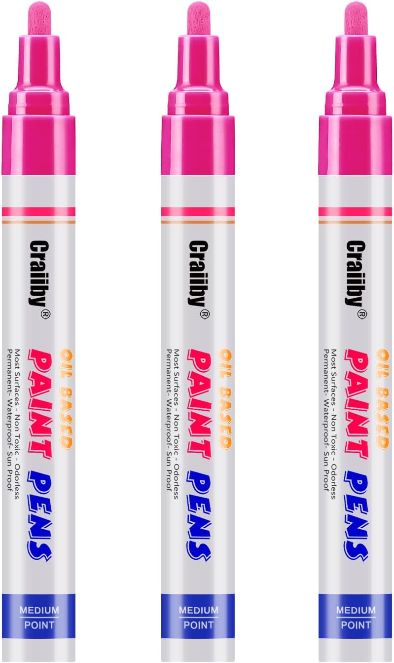 Pink Paint Markers, 3 Pack Oil-Based Waterproof Quick Dry Permanent Paint Pen Set for Rocks Painting, Wood, Fabric, Plastic, Canvas, Glass, Mugs, Metal, Tire, Stone, DIY Craft-VerdiqueGarden