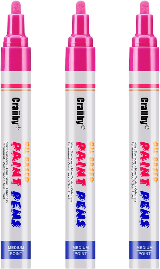 Pink Paint Markers, 3 Pack Oil-Based Waterproof Quick Dry Permanent Paint Pen Set for Rocks Painting, Wood, Fabric, Plastic, Canvas, Glass, Mugs, Metal, Tire, Stone, DIY Craft-VerdiqueGarden