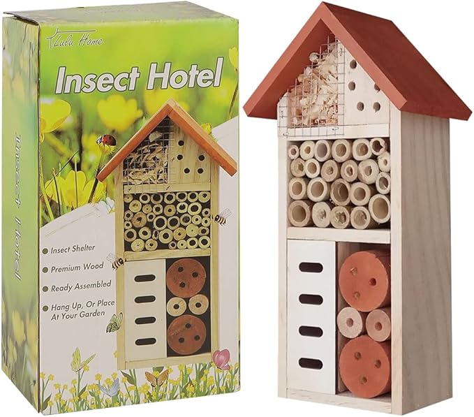 Lulu Home Wooden Insect House, Hanging Insect Hotel for Bee, Butterfly, Ladybirds, Beneficial Insect Habitat, Bug Hotel Garden, 10.4 X 3.4 X 5.4 Inch-VerdiqueGarden