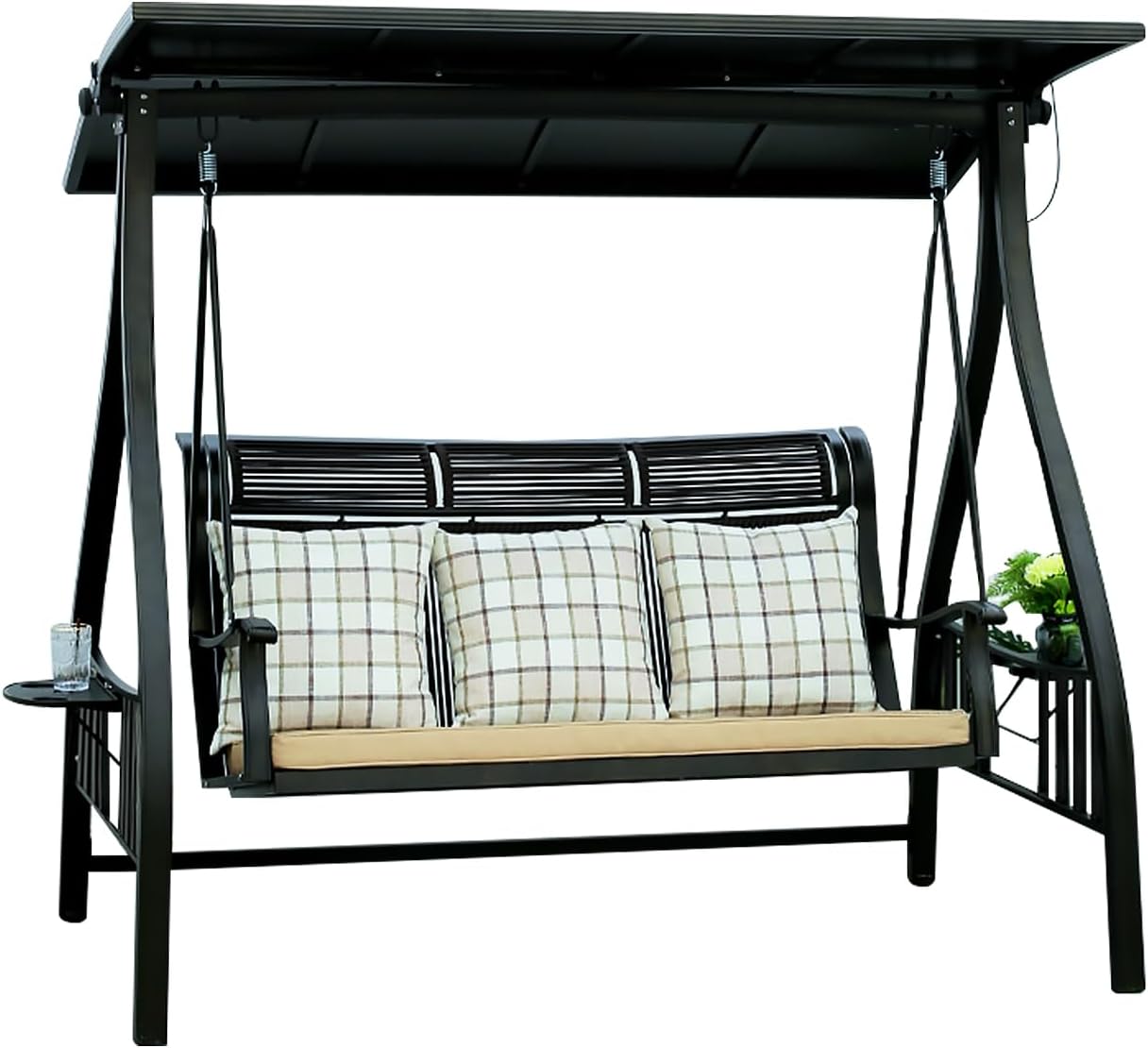 2/3-Seat Outdoor Patio Porch Swing with Adjustable Aluminum Alloy Canopy Solar Patio Swing Chair Bench with Footrest Side Cup Holder for Backyard Lawn (Manchester Without Footrest-3 Seat)-VerdiqueGarden