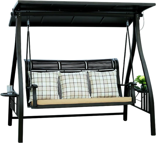 2/3-Seat Outdoor Patio Porch Swing with Adjustable Aluminum Alloy Canopy Solar Patio Swing Chair Bench with Footrest Side Cup Holder for Backyard Lawn (Manchester Without Footrest-3 Seat)-VerdiqueGarden