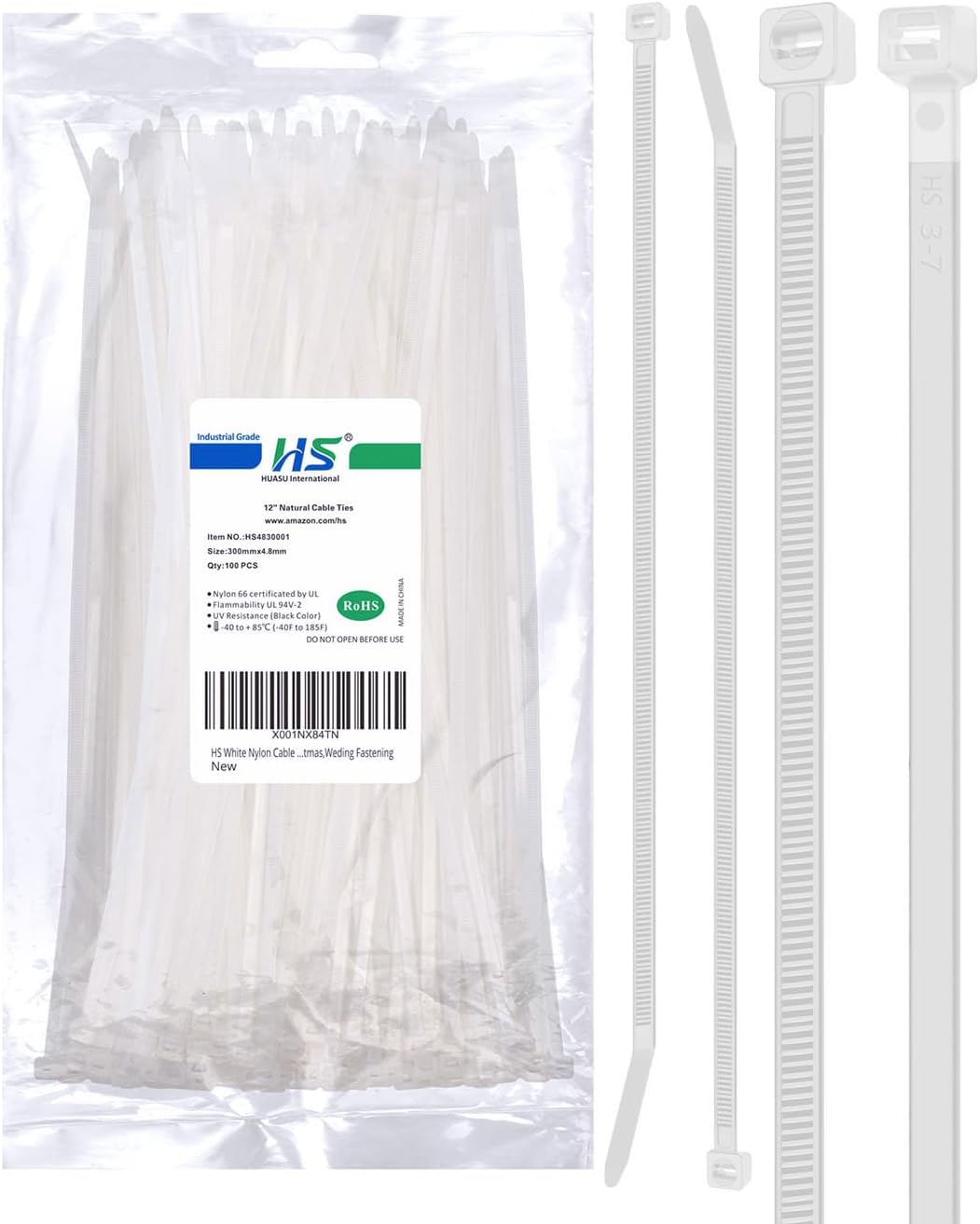 HS Long Zip Ties 12 Inch Clear 0.19" Nylon Cable Ties Heavy Duty 50 Lbs Strength Strong for Privacy Fence Outdoor,Electrical Plastic Tie Straps Weather Resistant 100 Pcs White-VerdiqueGarden